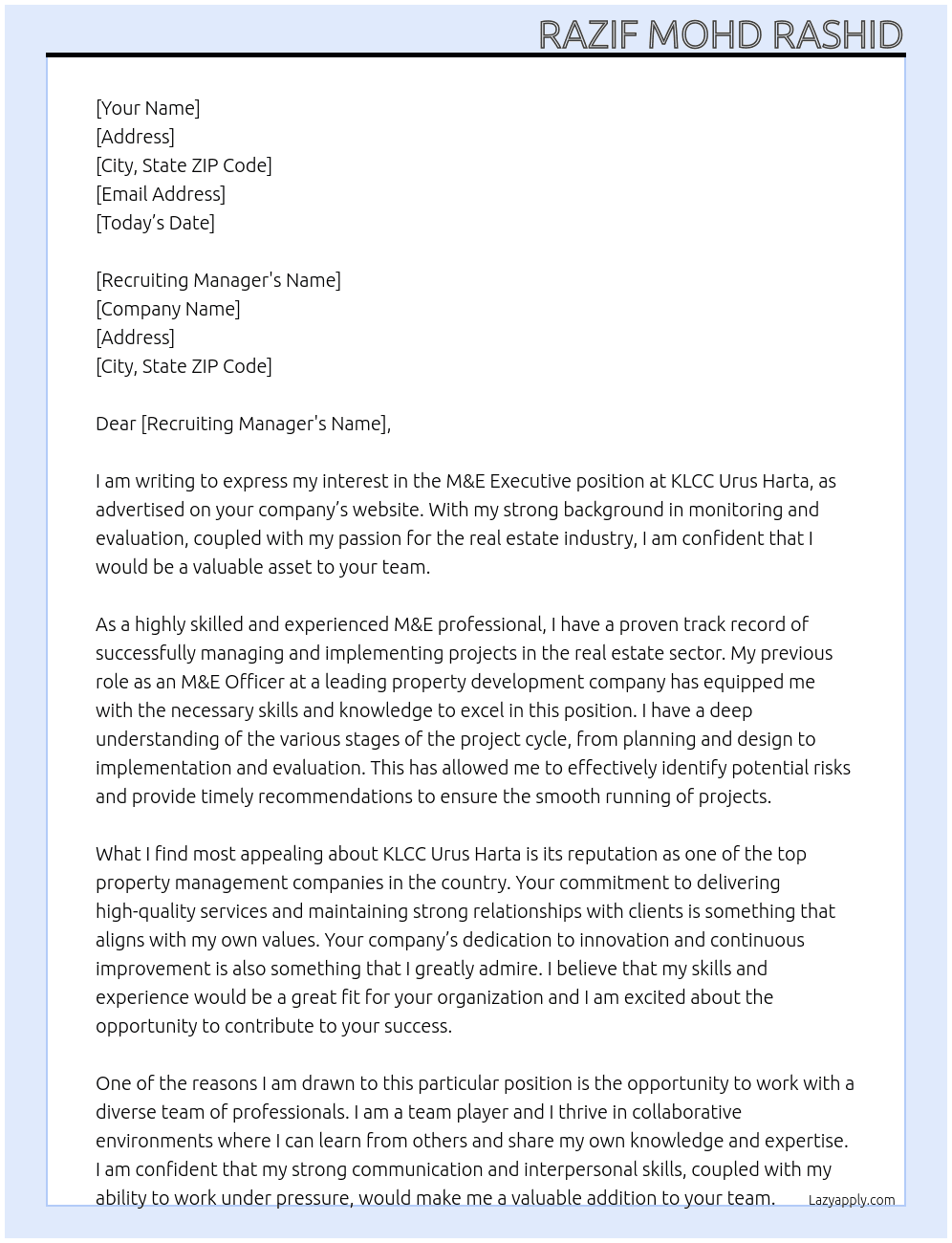 M&E Executive At KLCC Urus Harta Cover Letter
