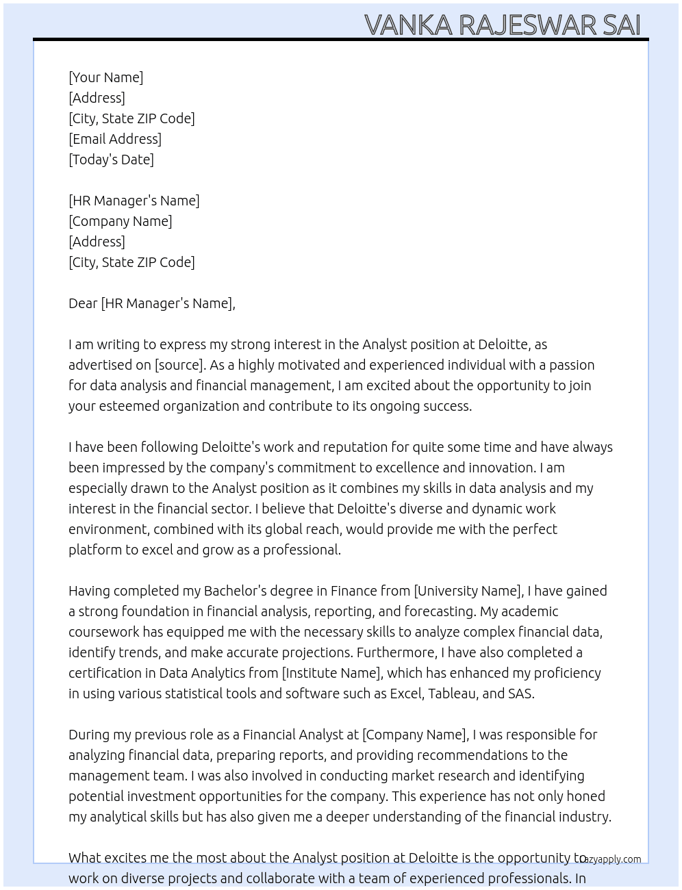 analyst  At DELOITTE Cover Letter