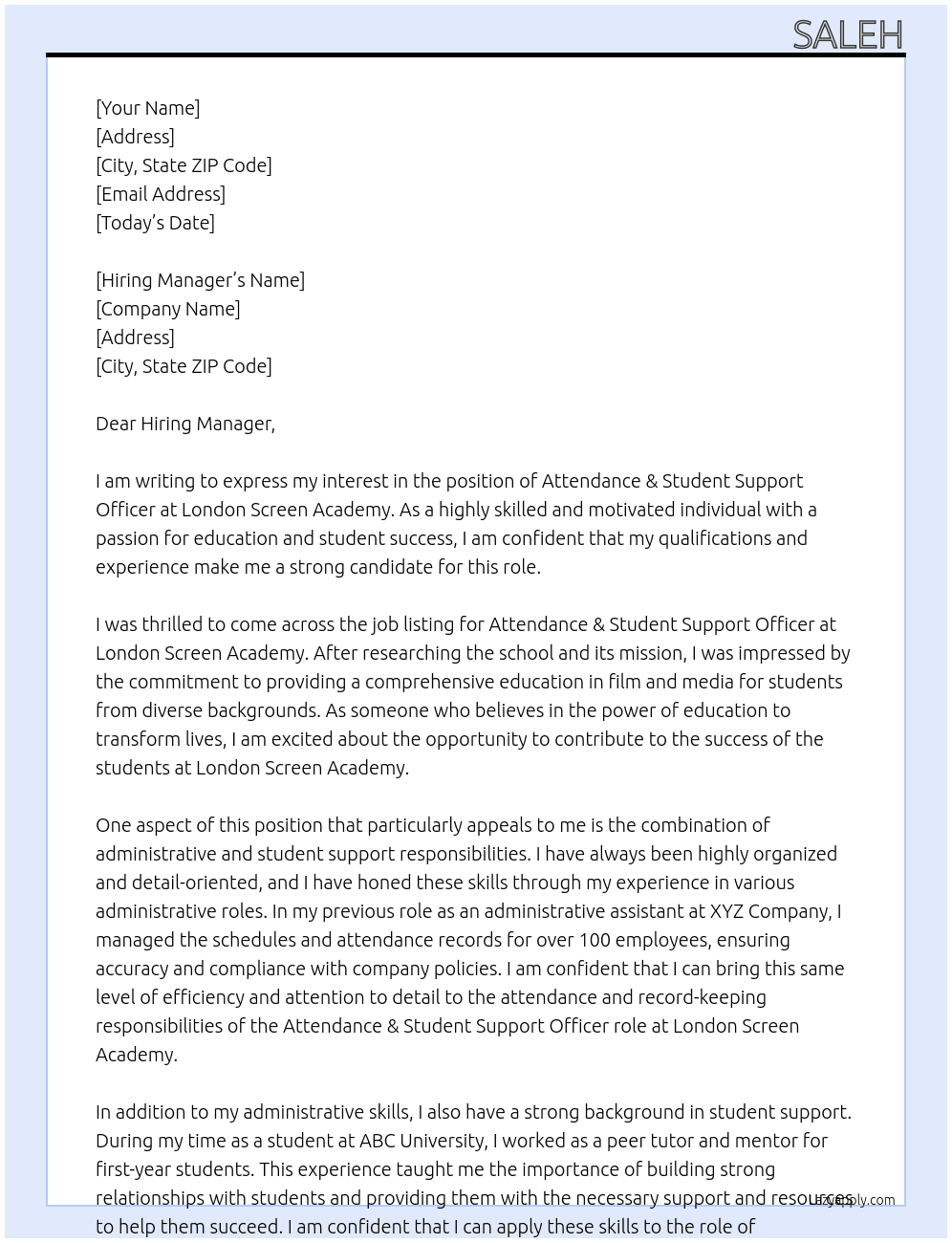 Attendance & Student Support Officer At London Screen Academy  Cover Letter