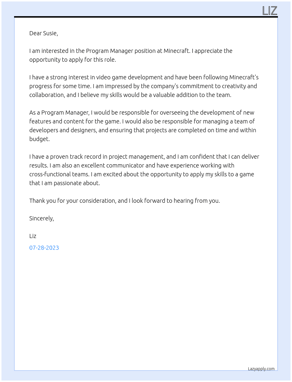 Program Manager  At Minecraft  Cover Letter