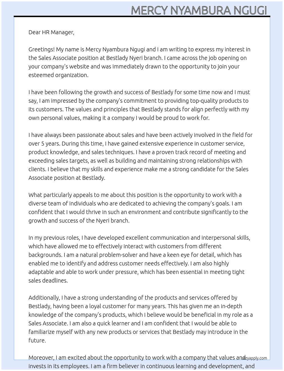 Sales associate At Bestlady Nyeri branch  Cover Letter