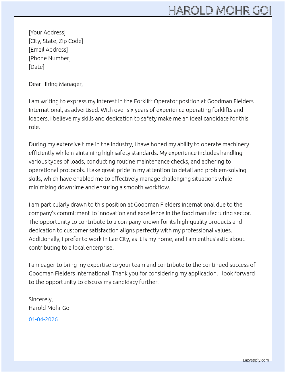Forklift operator At Goodman Fielders International  Cover Letter