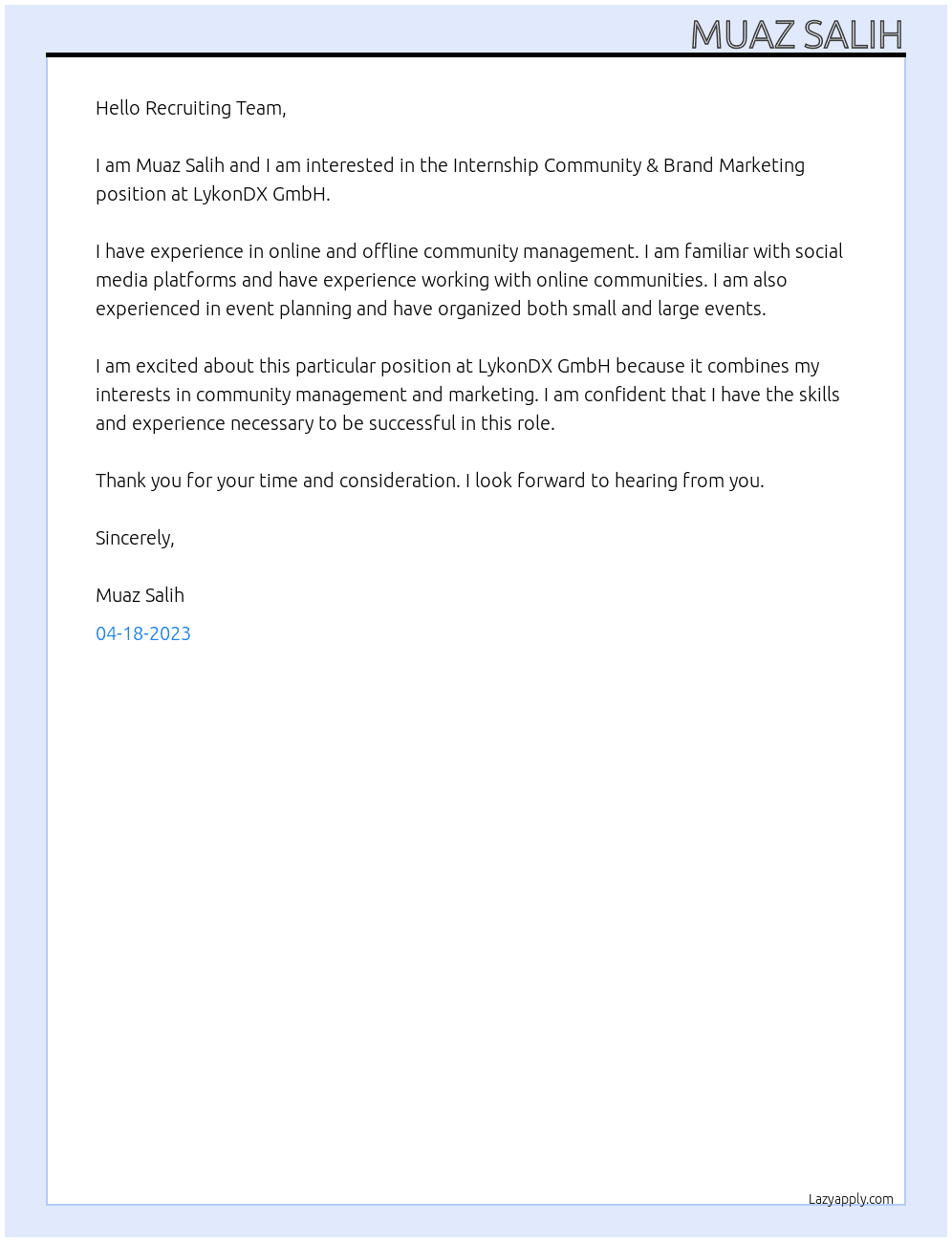 Internship Community & Brand Marketing At LykonDX GmbH Cover Letter