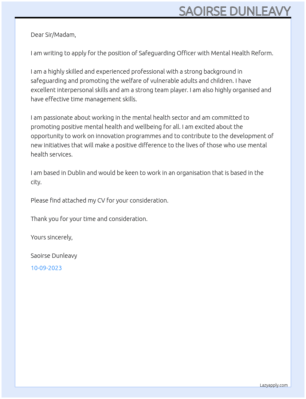 Safeguarding Officer At Mental Health Reform Cover Letter