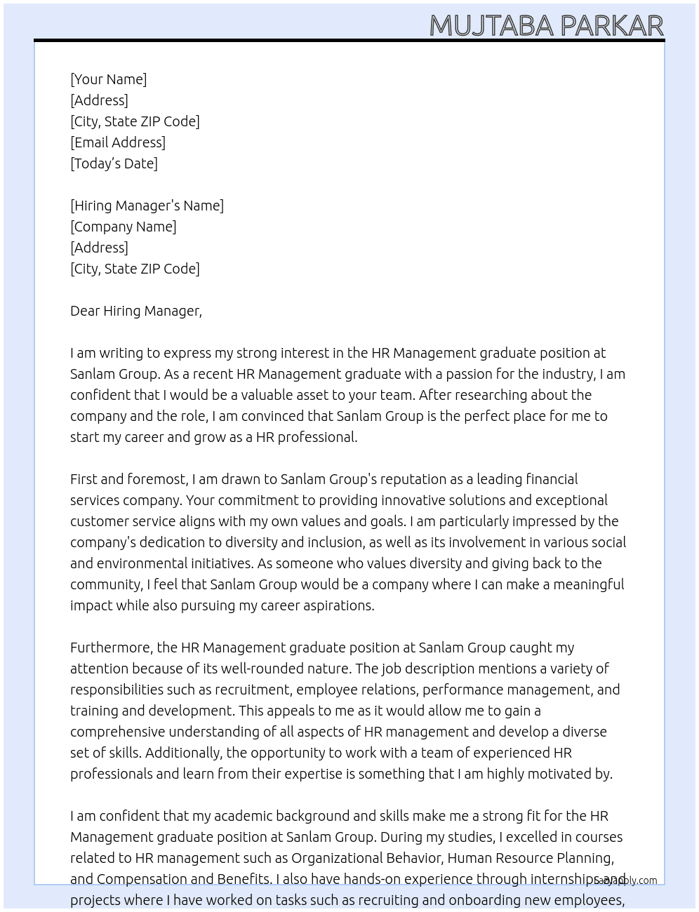 HR Management graduate At Sanlam Group Cover Letter