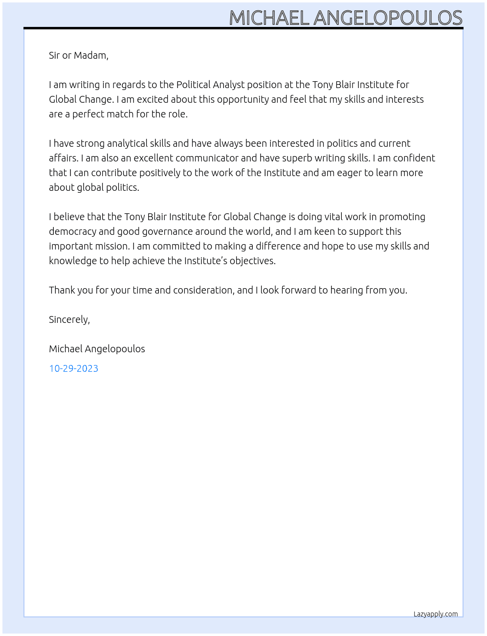 Political Analyst At Tony Blair Institute for Global Change Cover Letter