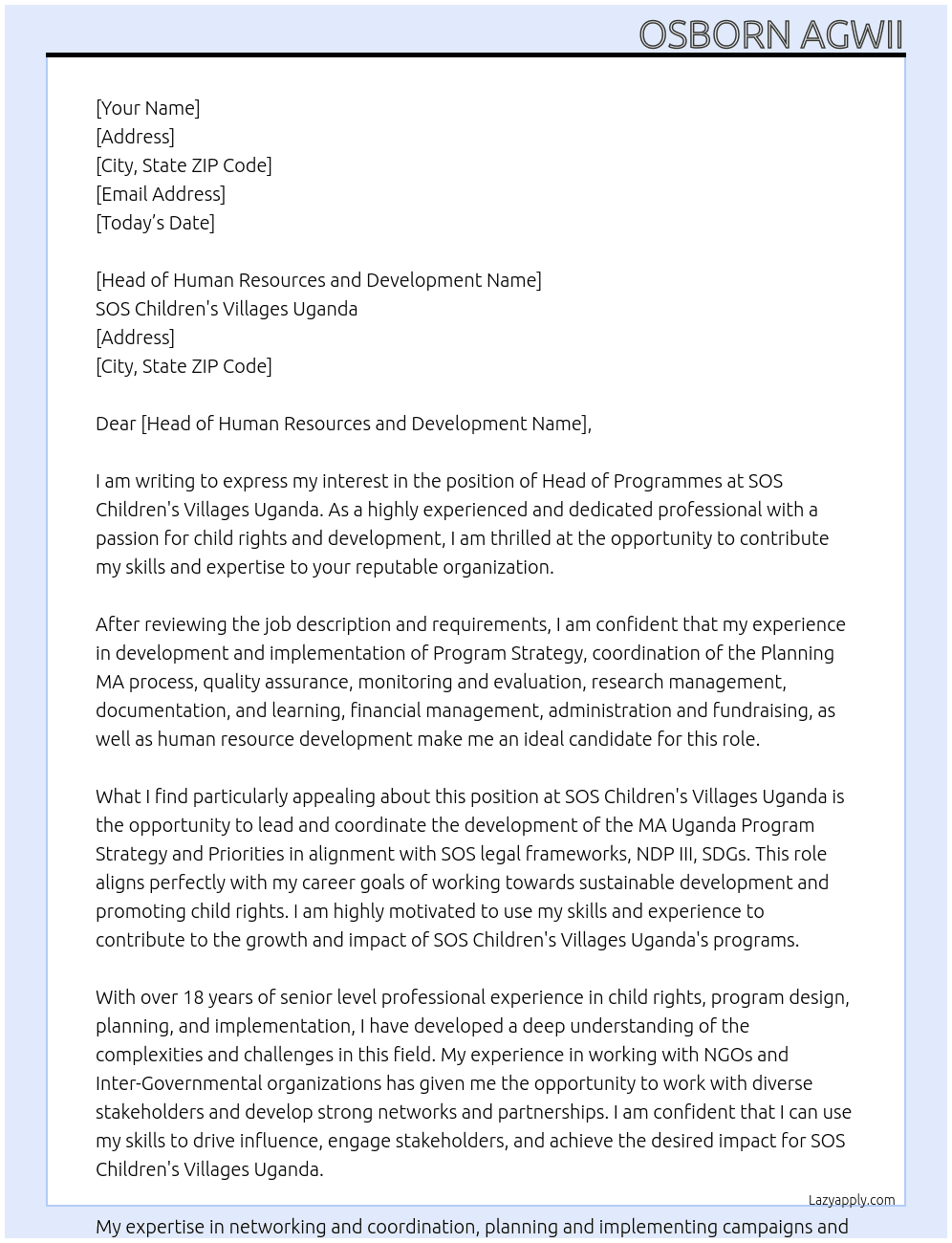 HEAD OF PROGRAMMES At SOS Children's Villages Uganda Cover Letter