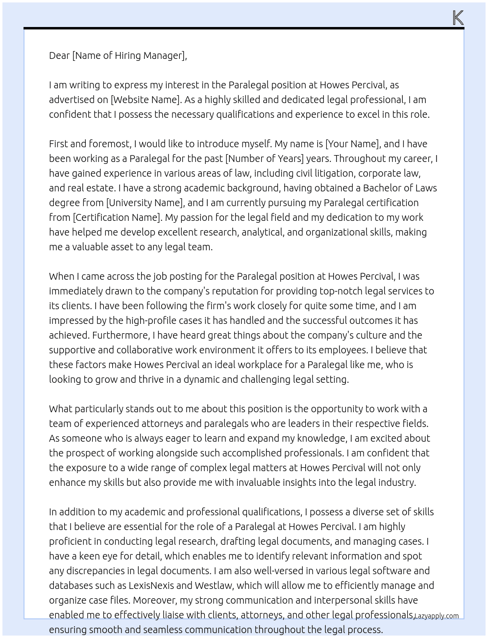 Paralegal At Howes Percival Cover Letter