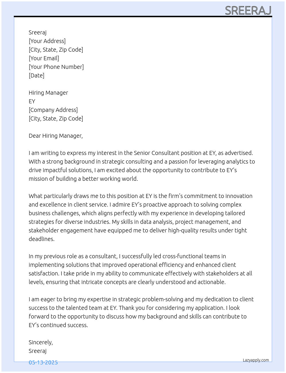 Senior Consultant At EY Cover Letter