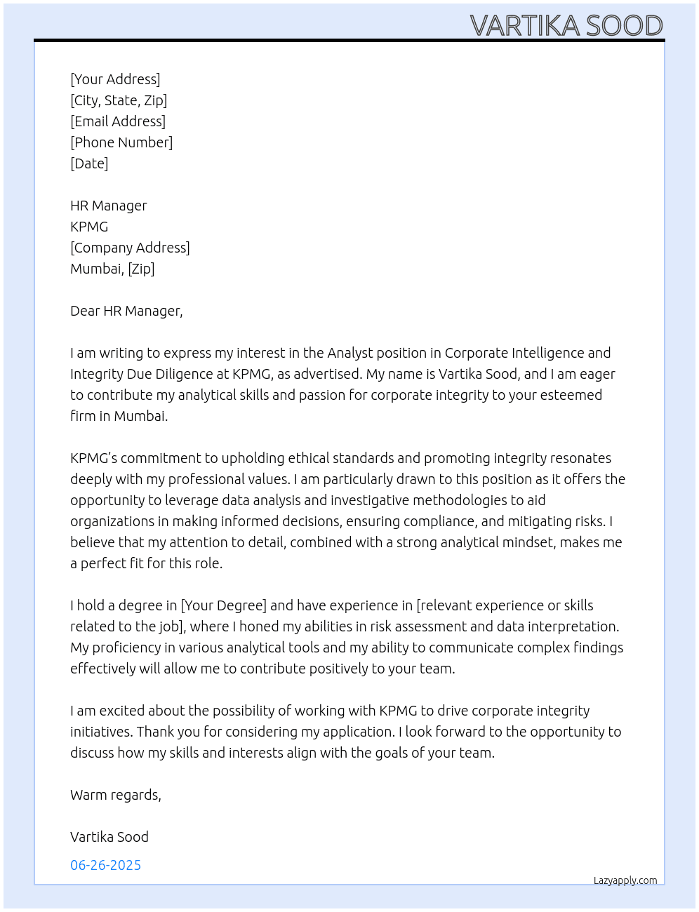 Cover letter for analyst corporate intelligence and integrity due dilligence - LazyApply