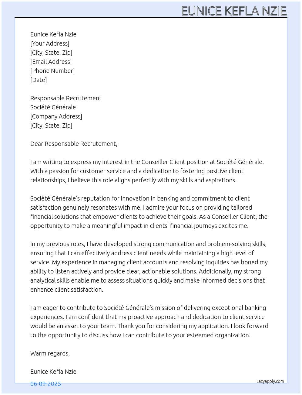 Conseiller client At Société Génerale Cover Letter