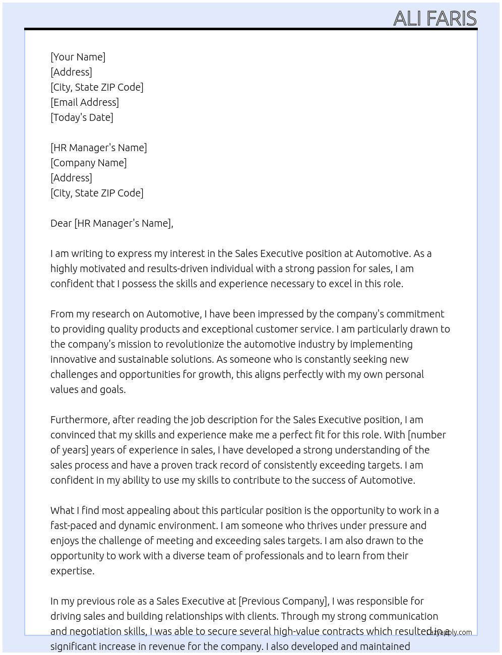 Sales executive  At Automotive  Cover Letter