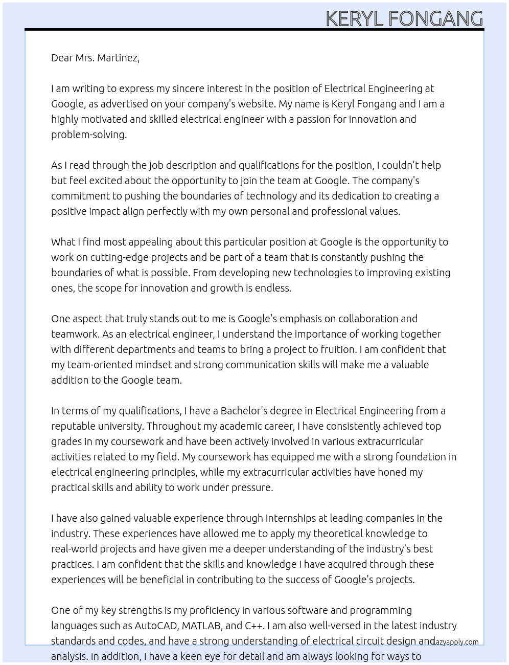 Electrical engineering  At Google Cover Letter