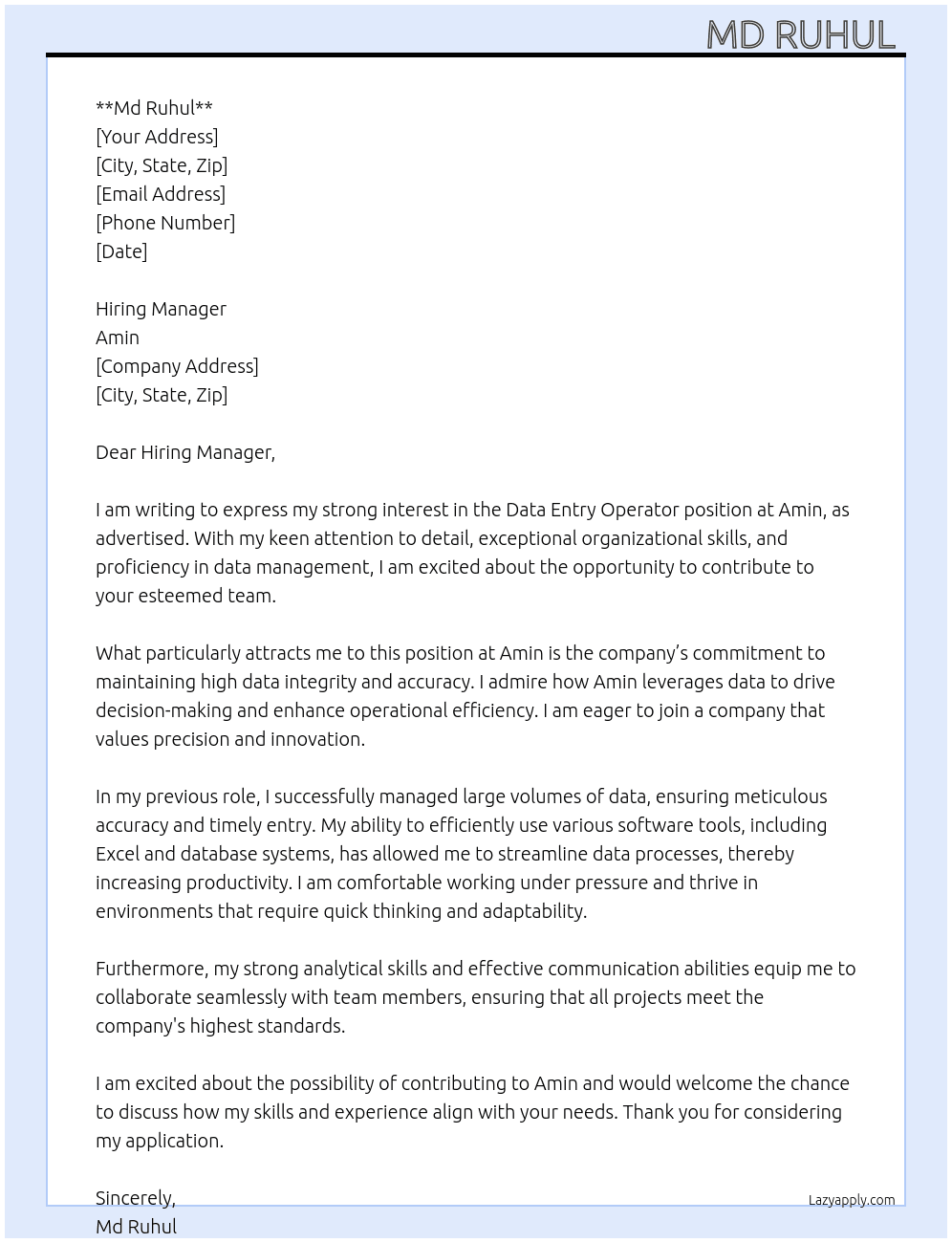 Data entry Operator At Amin Cover Letter