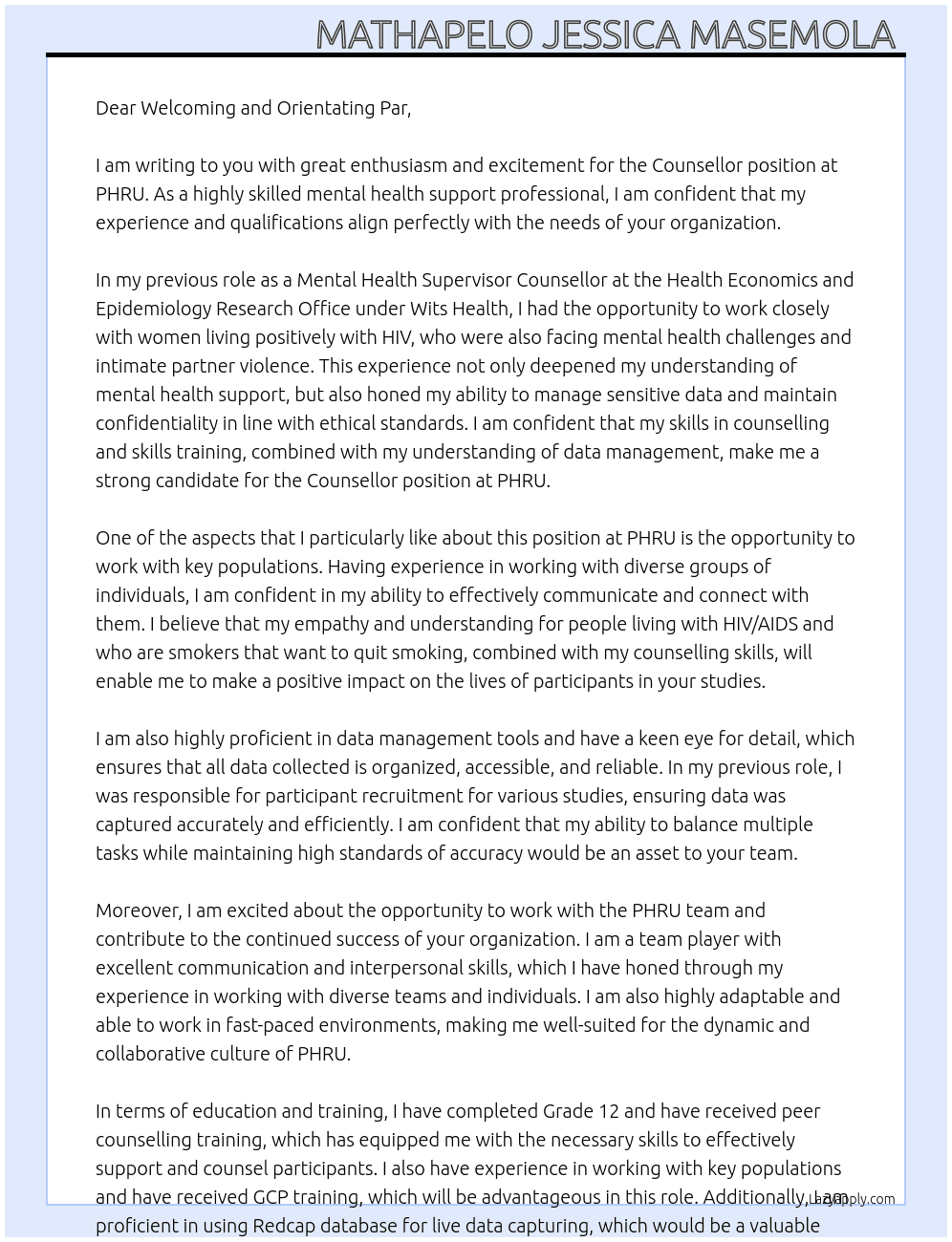 Counsellor At PHRU Cover Letter