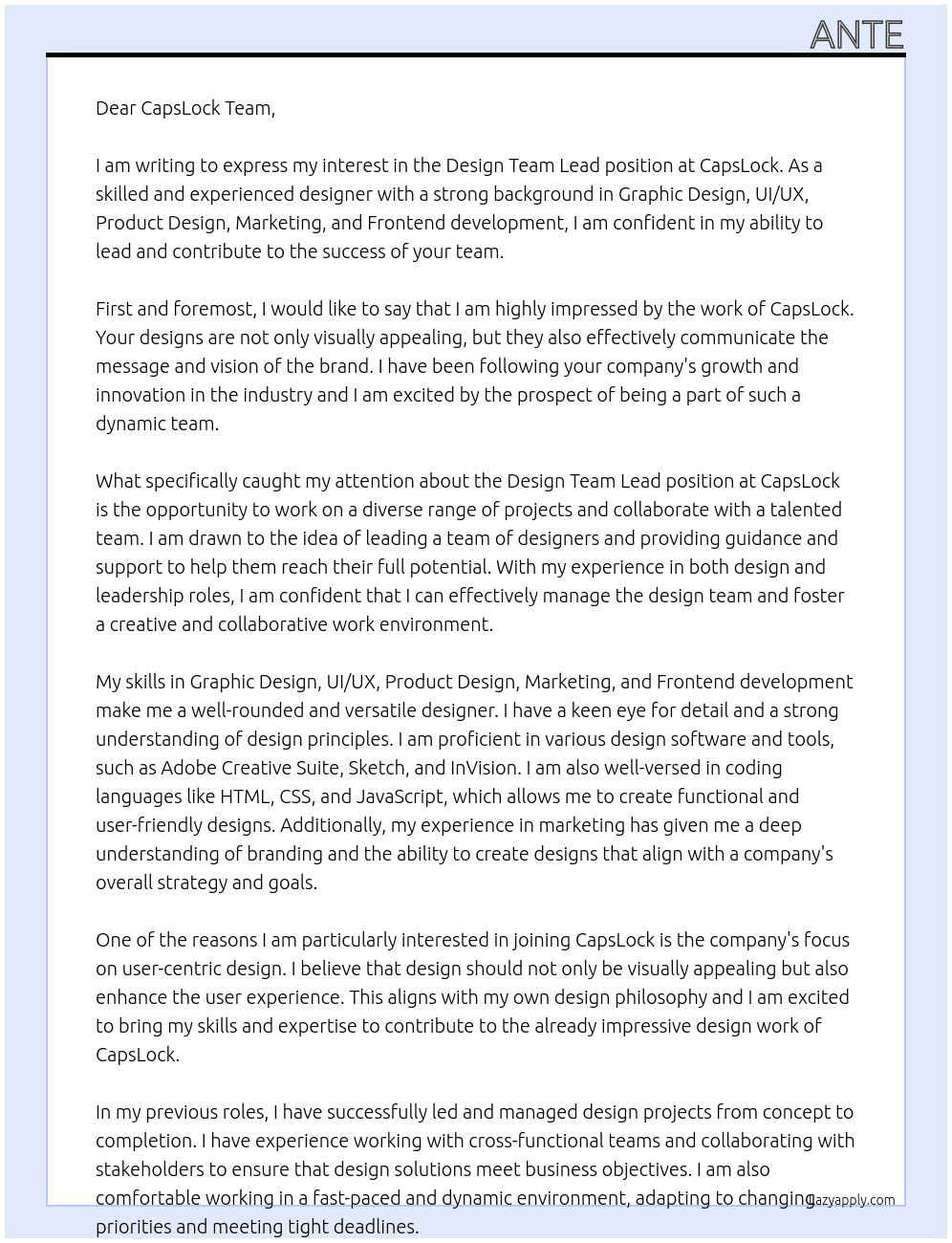 Design Team Lead At CapsLock Cover Letter