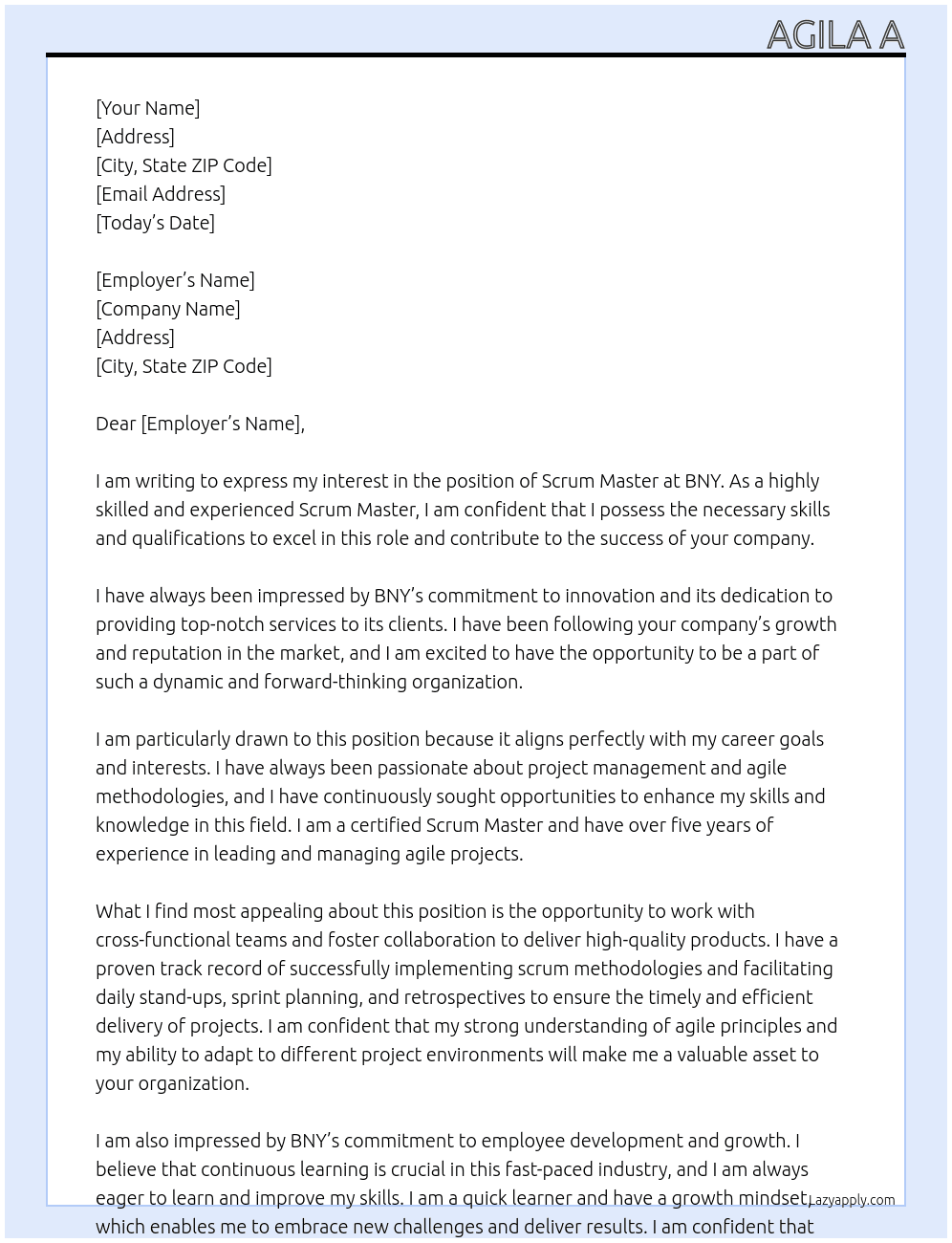 SCRUM MASTER At BNY  Cover Letter