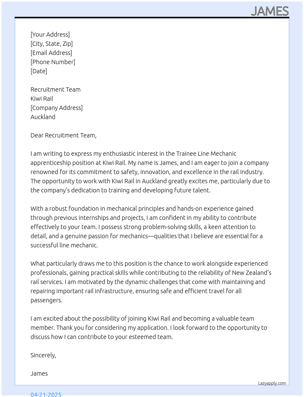 Trainee Line Mechanic At Kiwi Rail  Cover Letter