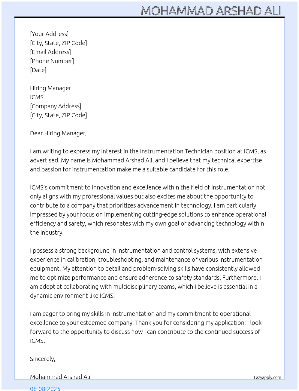 Instrumentation Technician  At ICMS Cover Letter