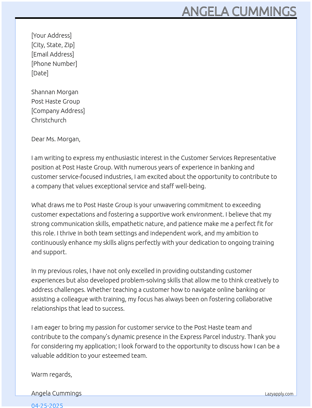 Customer Services Representative At Post Haste Group Cover Letter