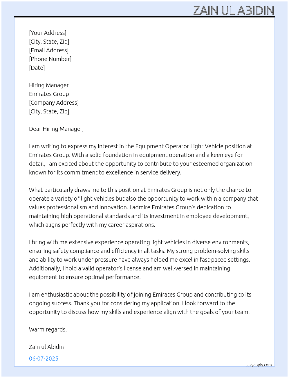Cover letter for equipment operator light vehicle - LazyApply
