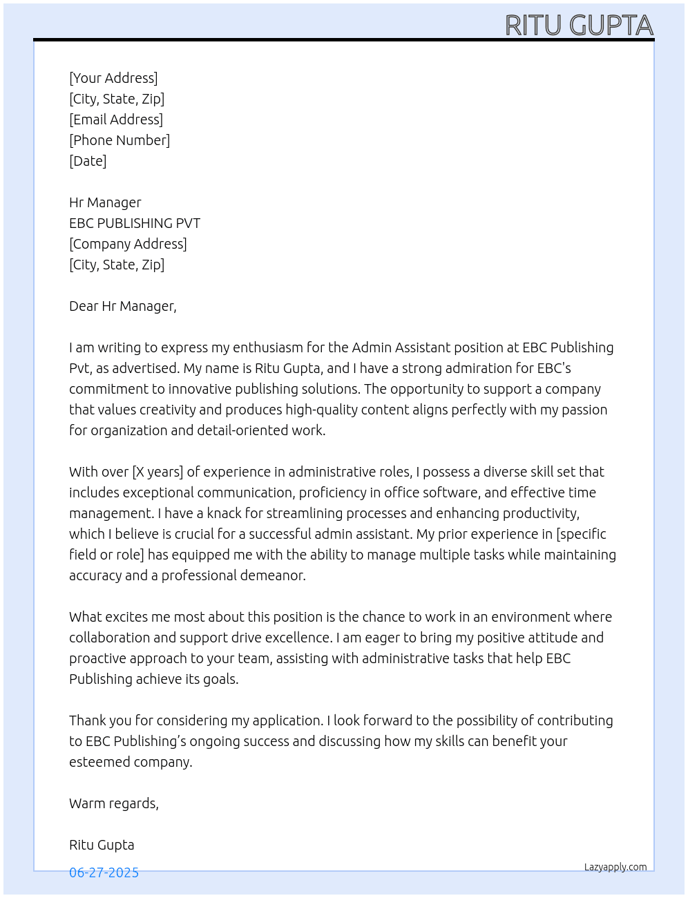 Admin assistant At EBC PUBLISHING PVT  Cover Letter