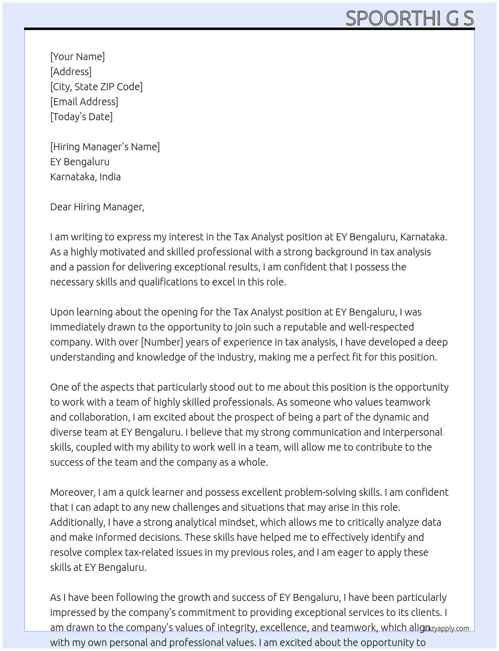 Tax analyst  At EY Bengaluru, Karnataka, India  Cover Letter
