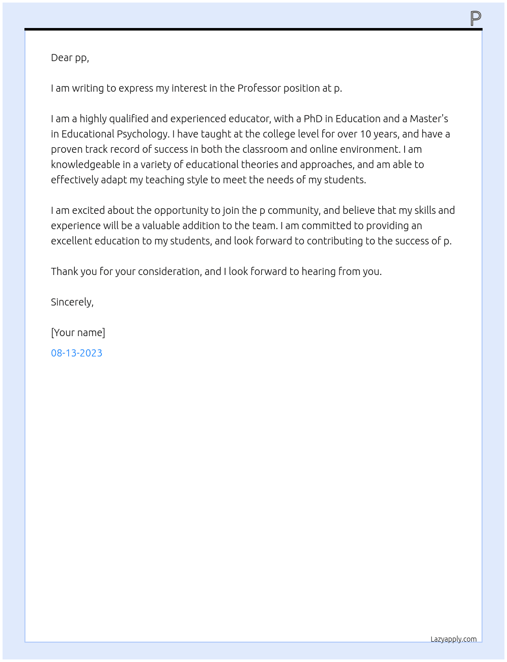 Professor At p Cover Letter