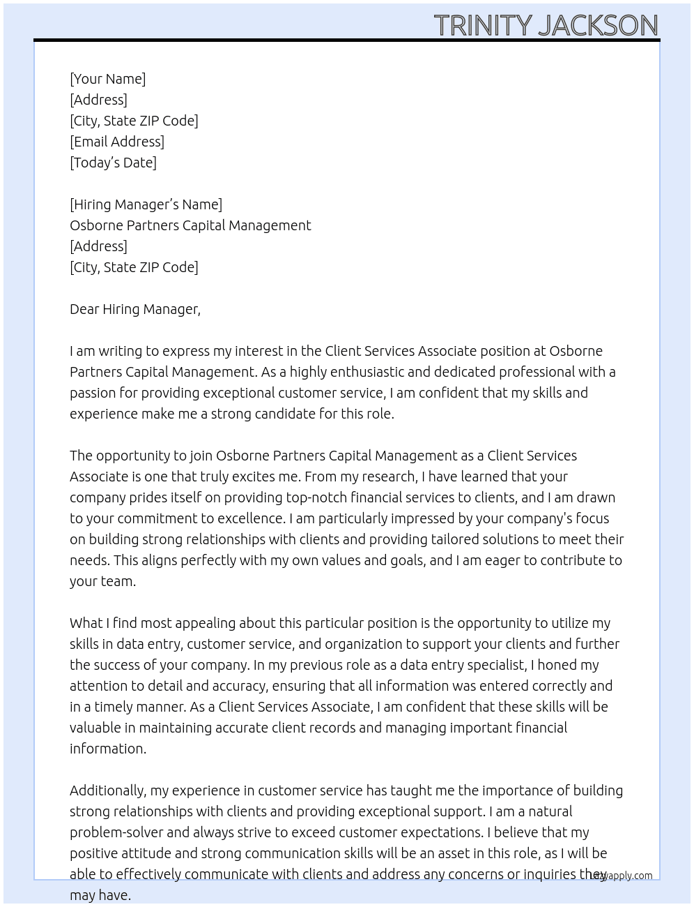 Client Services Associate At Osborne Partners Capital Management Cover Letter