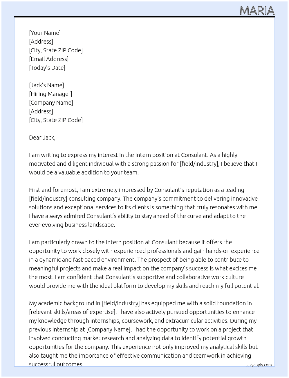 Intern At Consulant Cover Letter