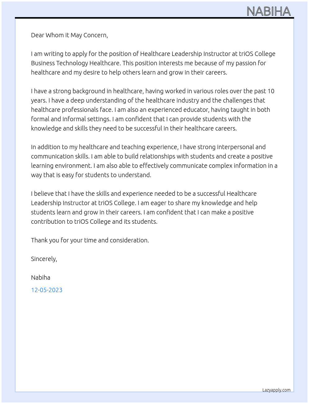Healthcare Leadership Instructor At triOS College Business Technology Healthcare Cover Letter
