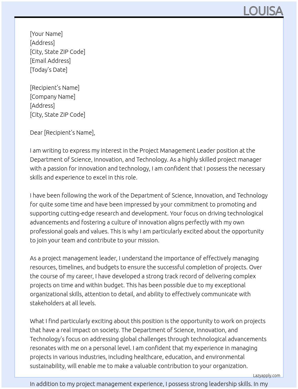 Project management Leader At Department of Science, Innovation and Technogy  Cover Letter
