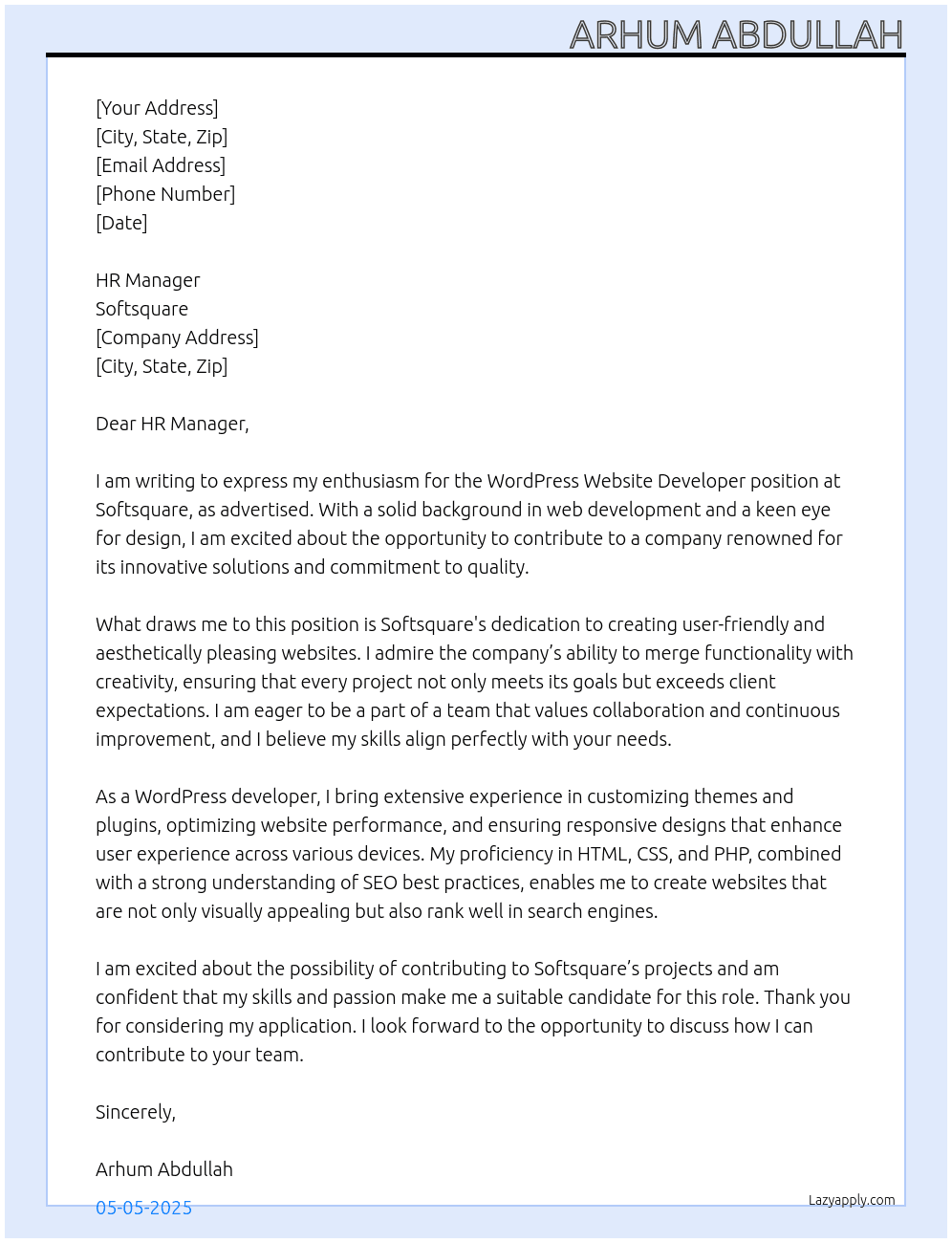 Cover letter for wordpress website developer - LazyApply