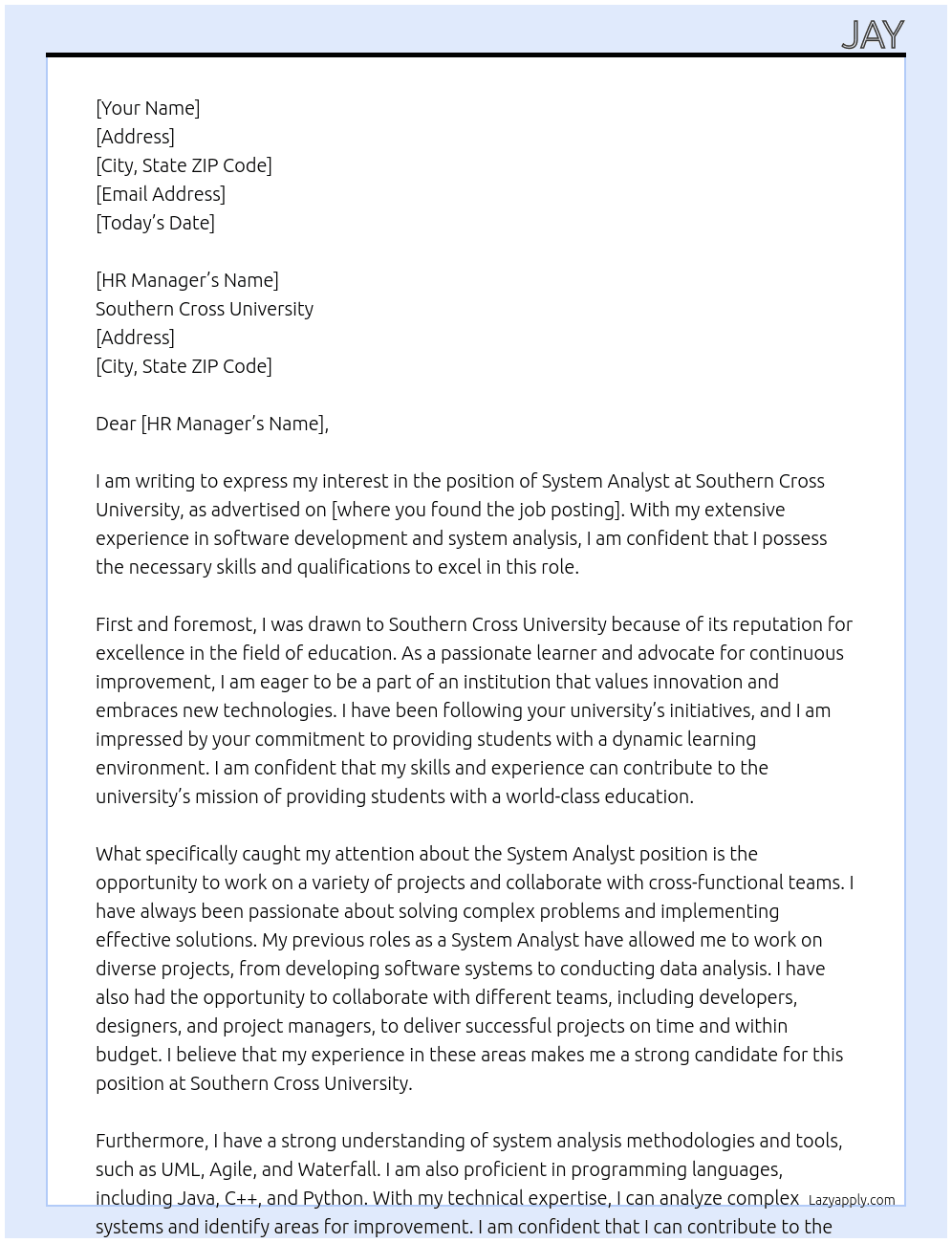 system analyst At southern cross university Cover Letter