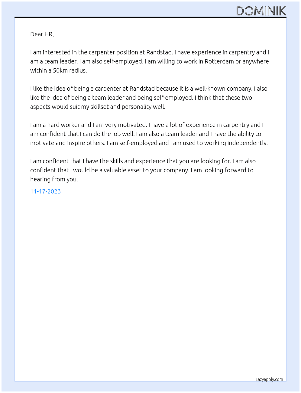 Carpenter At Randstad Cover Letter