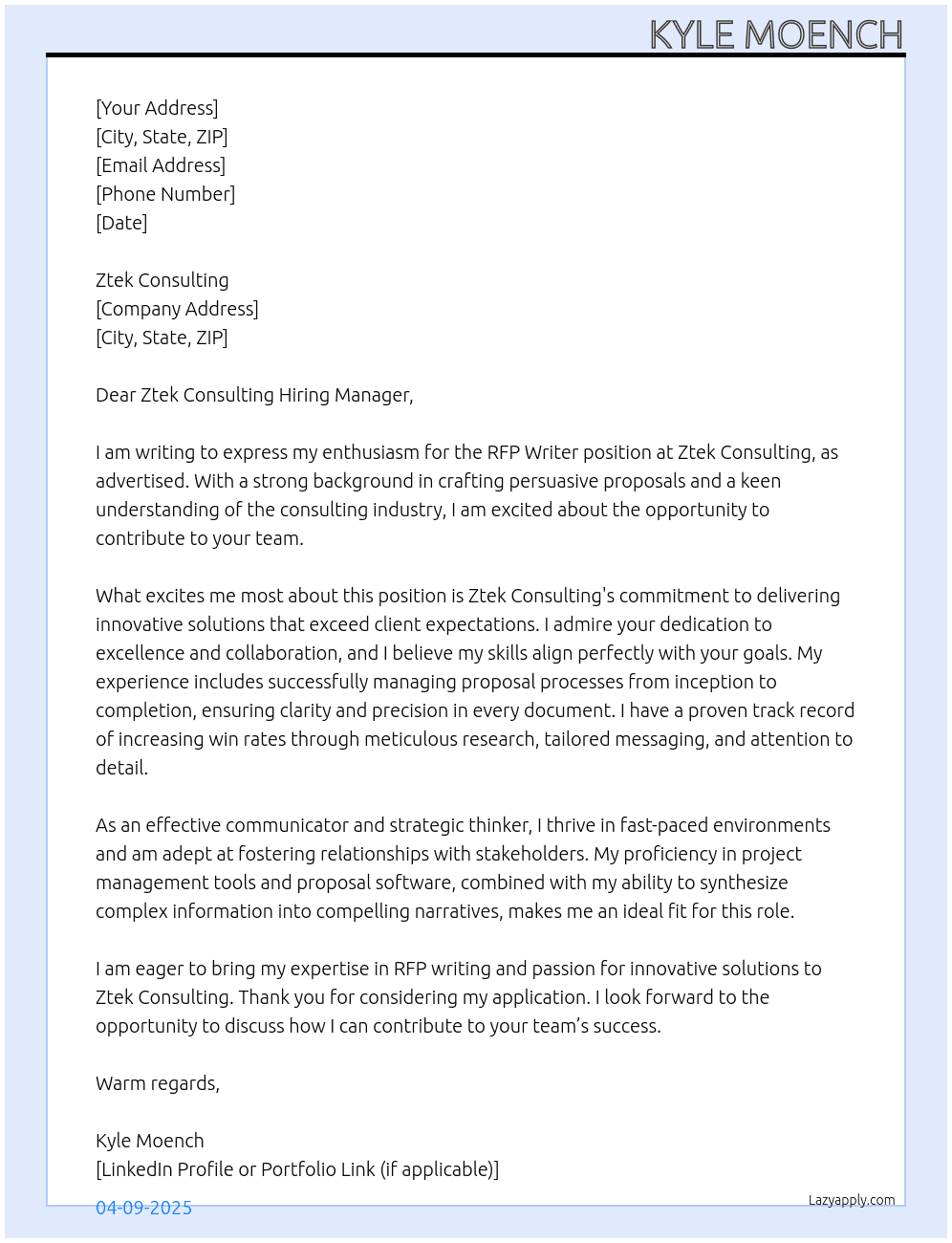 RFP Writer At Ztek Consulting Cover Letter