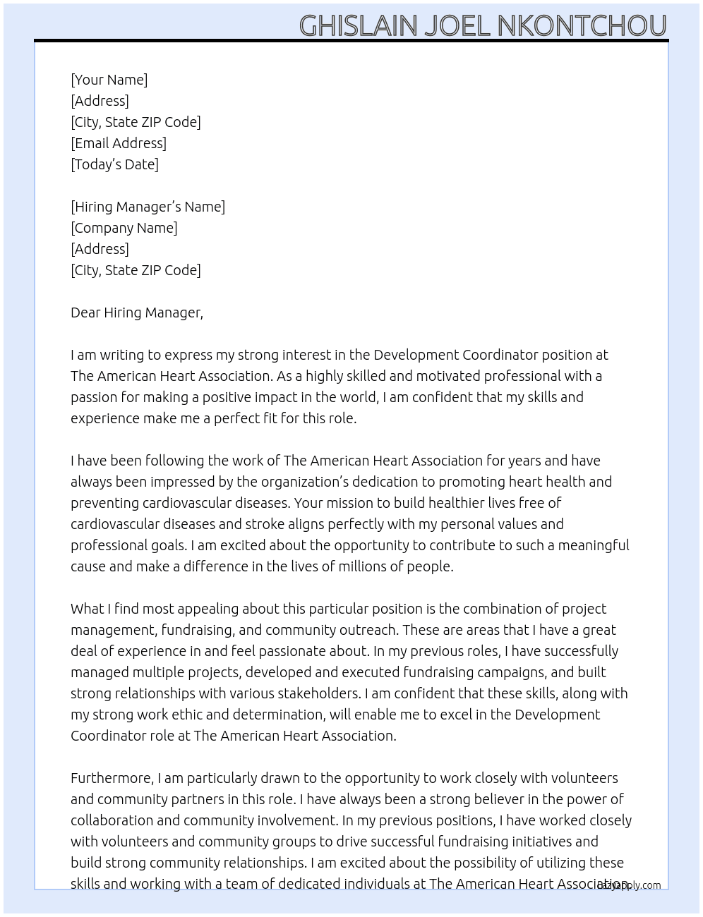 Development Coordinator At The American Heart Association Cover Letter