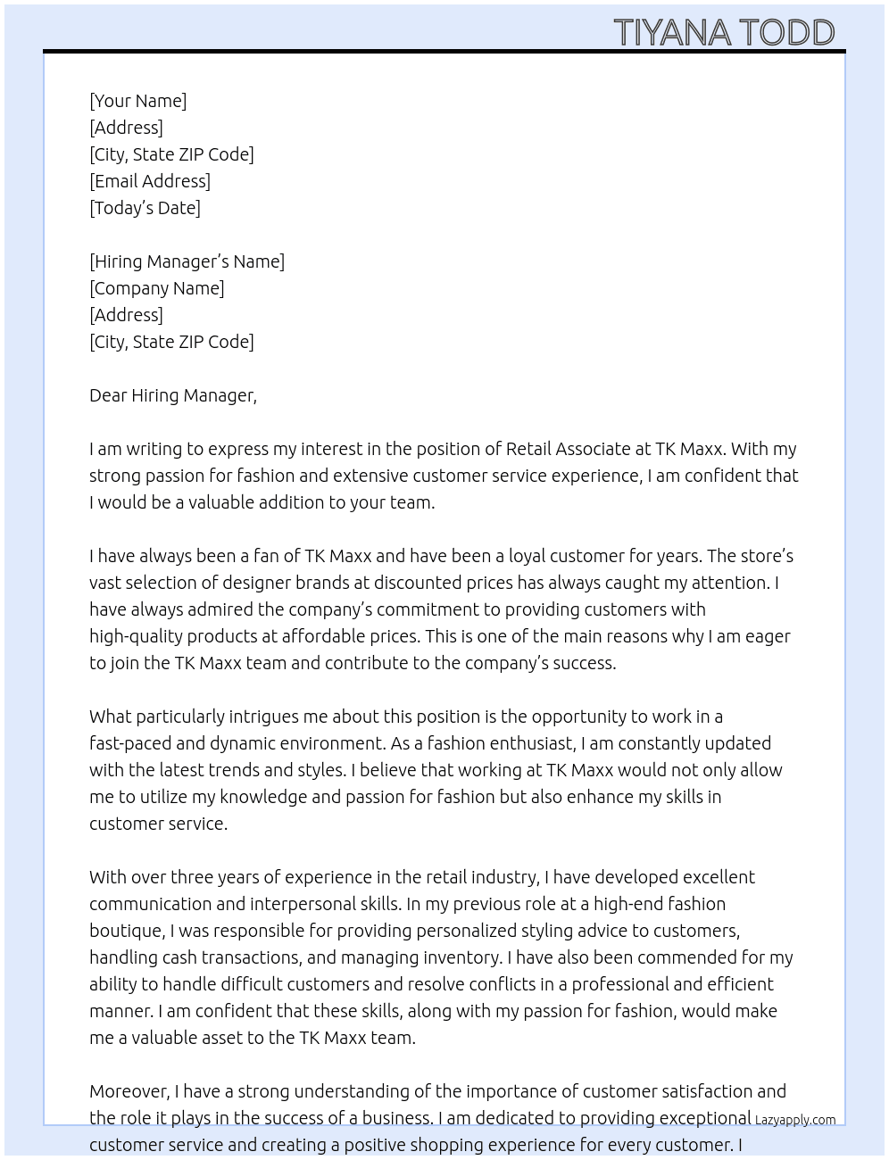 Retail associate  At TK Maxx Cover Letter
