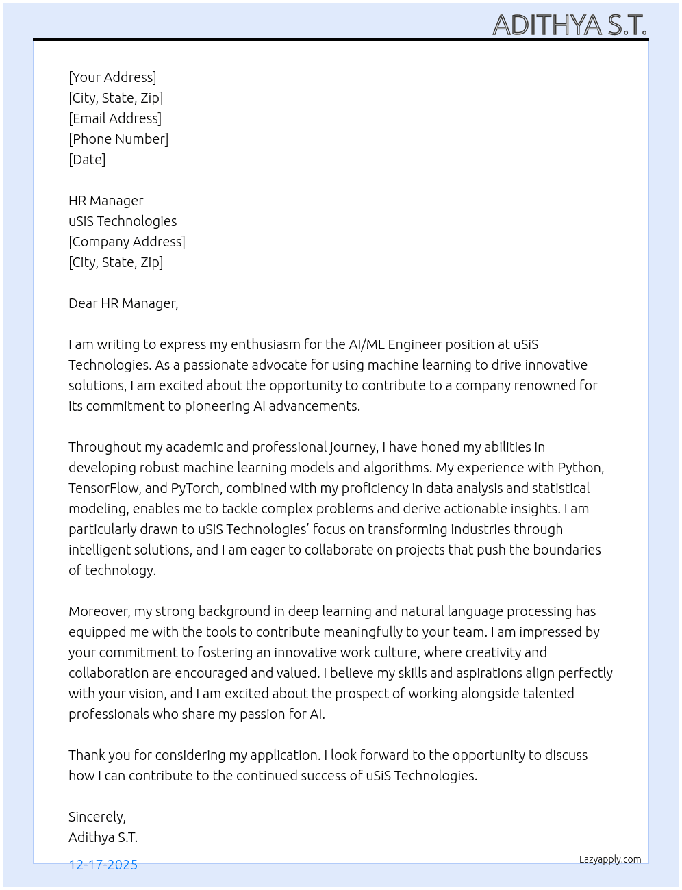 AI/ML Engineer At uSiS Technologies Cover Letter