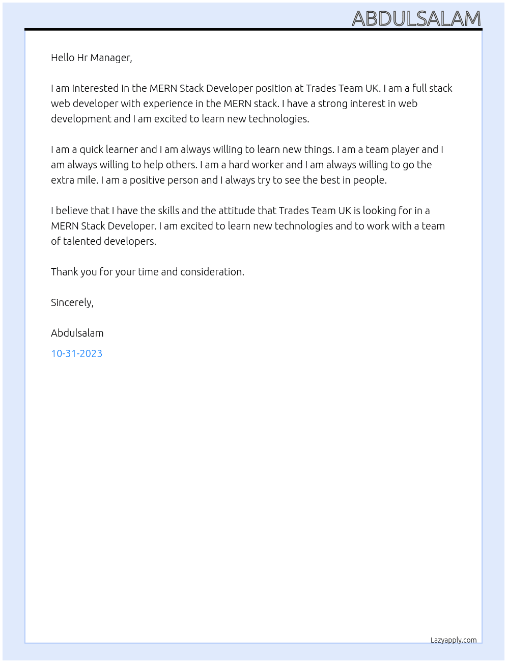 MERN Stack Developer At Trades Team UK Cover Letter