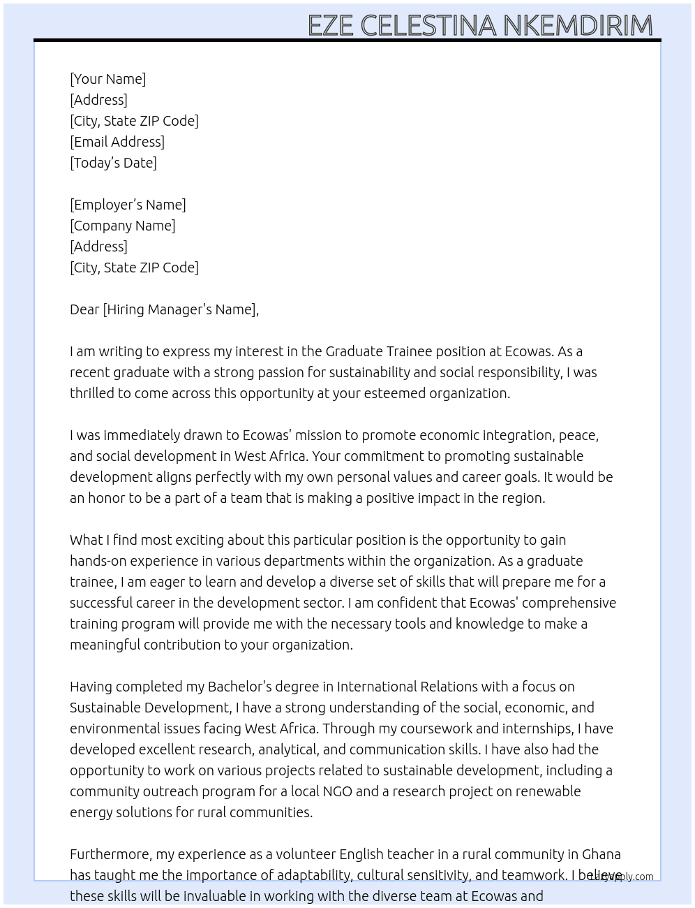 Graduate trainee  At Ecowas Cover Letter