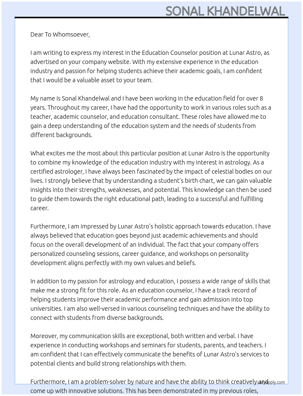 Education Counselor  At Lunar Astro Cover Letter