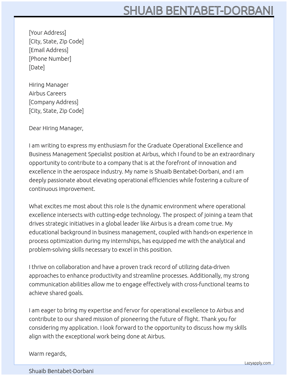 Graduate Operational Excellence and Business Management Specialist At Airbus Careers Cover Letter