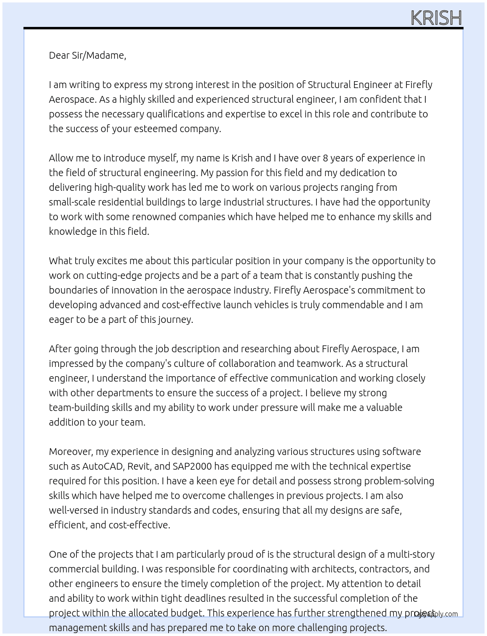 Structural Engineer At Firefly Aerospace Cover Letter