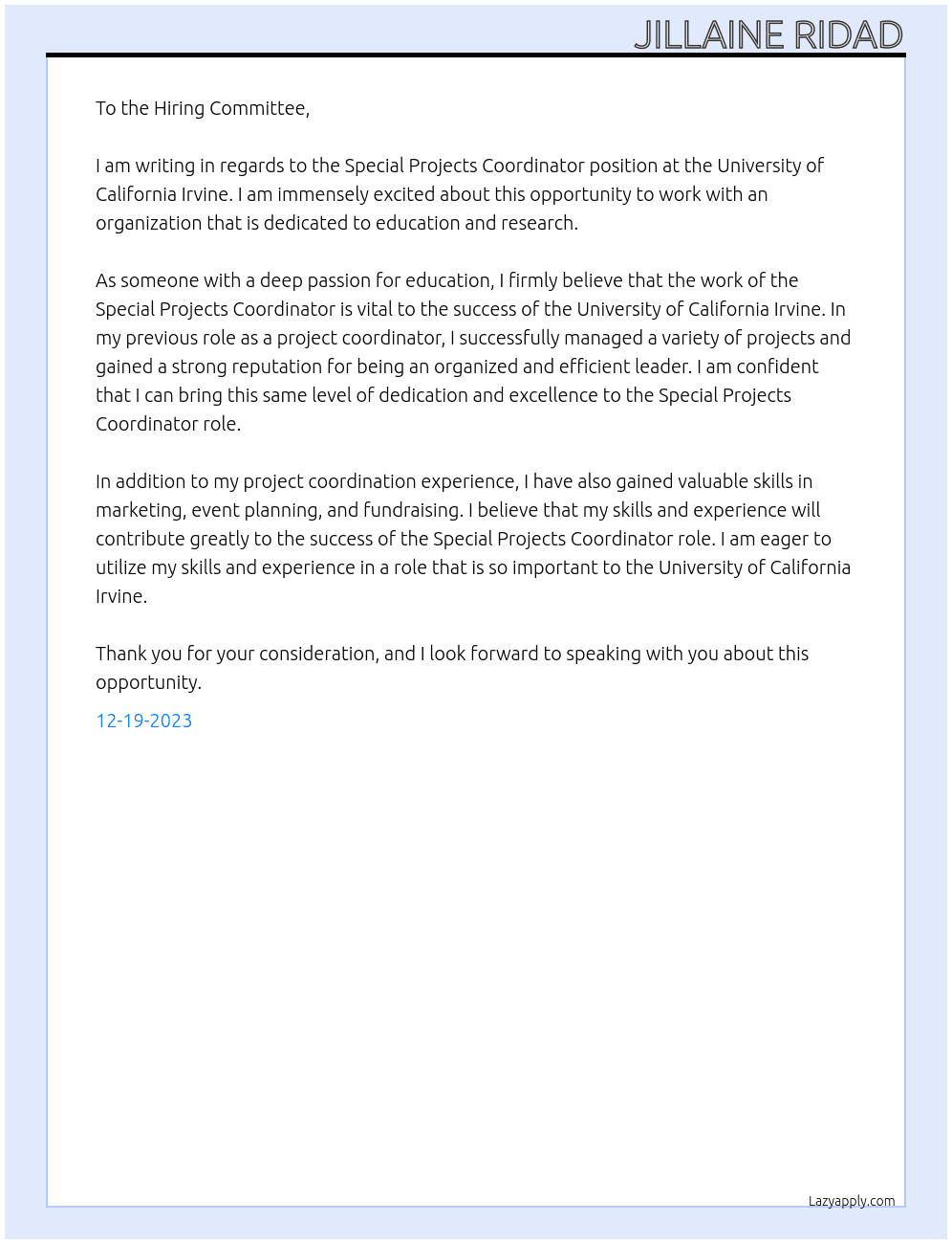 Special Projects Coordinator At Education/Instruction & Research Cover Letter