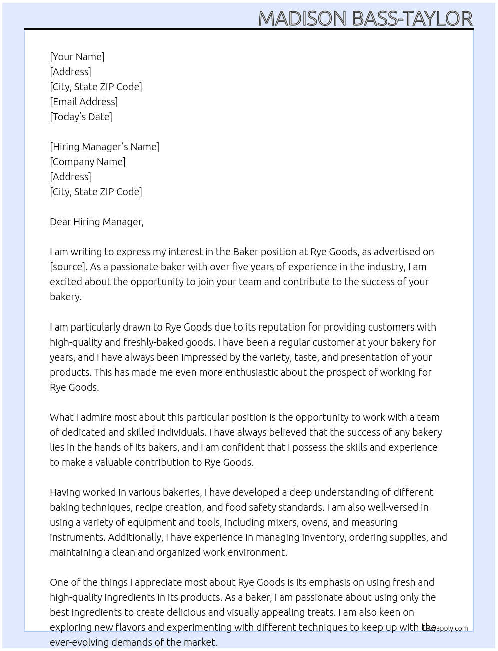 Baker At Rye Goods Cover Letter