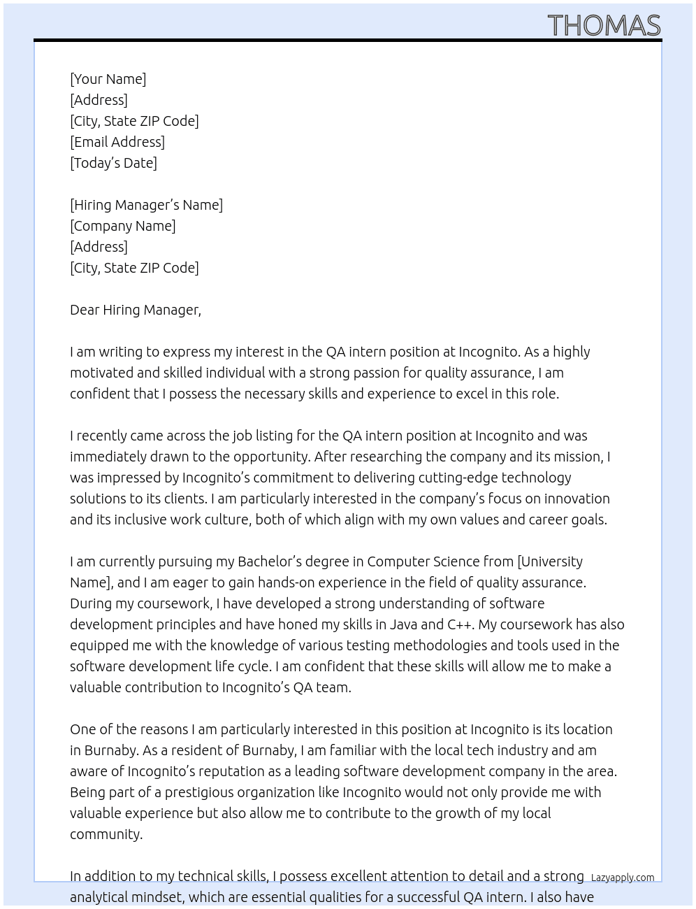 QA intern At Incognito Cover Letter