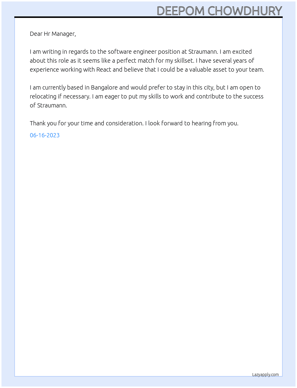 software engineer At Straumann Cover Letter
