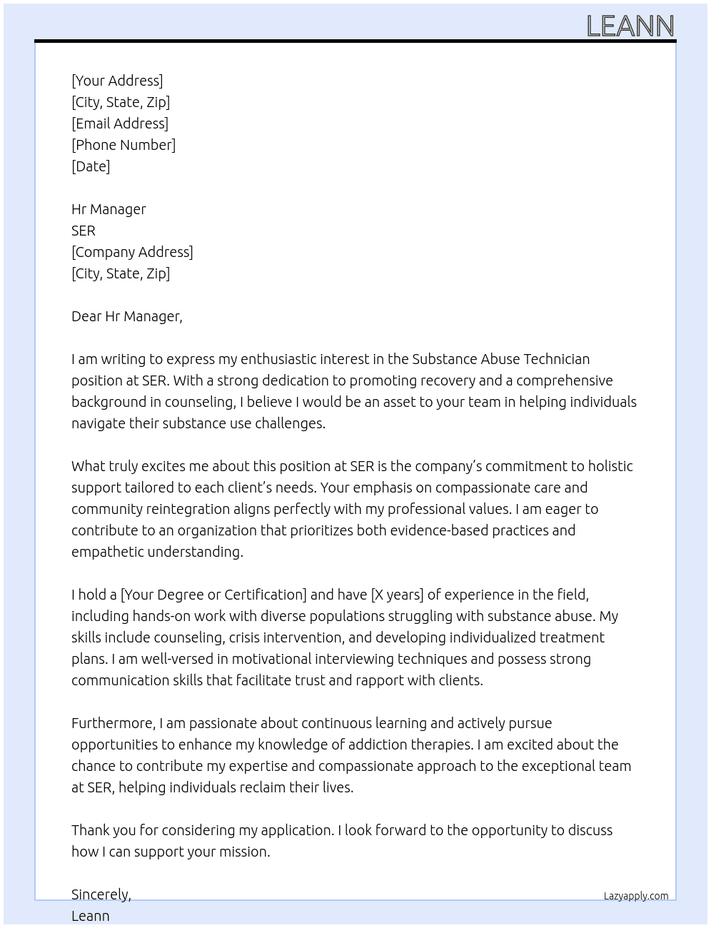 Substance abuse technicicna At ser Cover Letter
