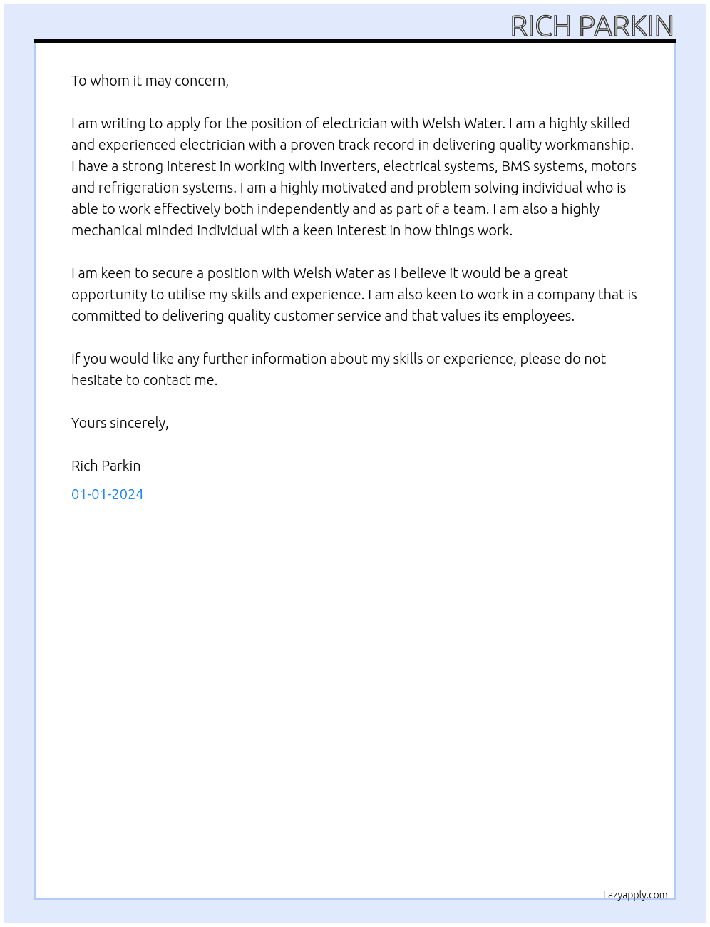 electrician At Welsh water Cover Letter